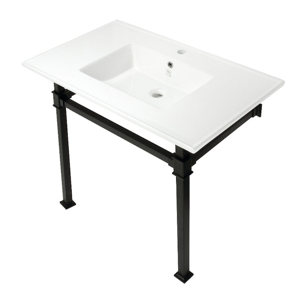 Kingston Brass KVPB37221Q0 37-Inch Console Sink with Stainless Steel Legs (Single Faucet Hole), White/Matte Black KVPB37221Q0 - main